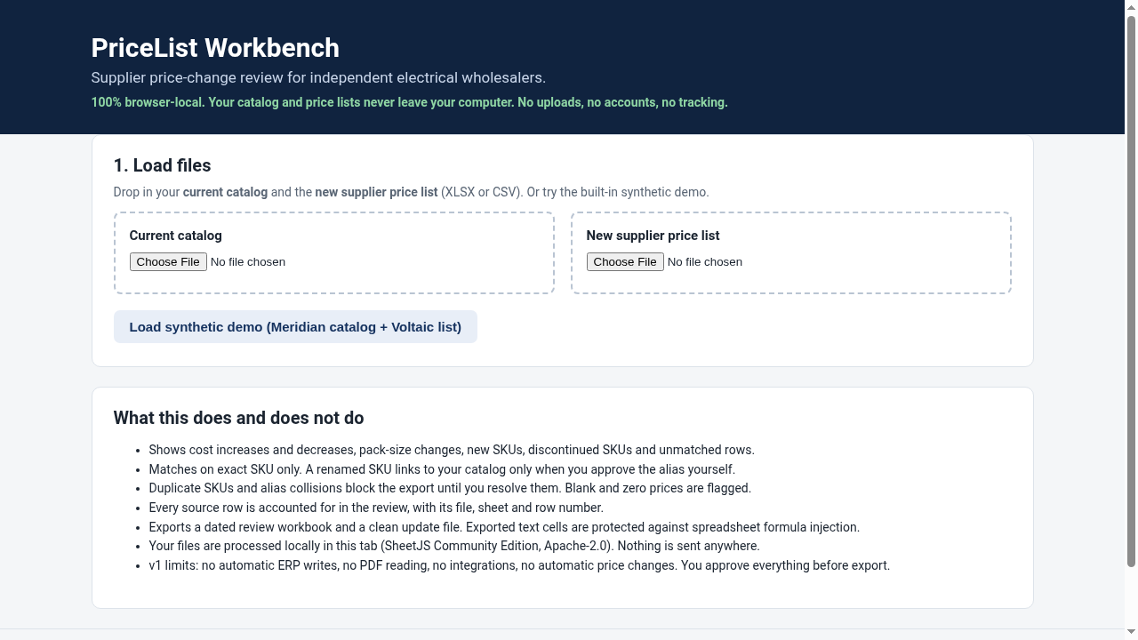 Load files step: drop in your catalog and the new supplier price list, or load the synthetic demo